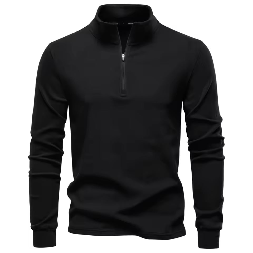 Black brushed quarter-zip sweater with a matte finish, funnel collar, and trim straight fit in a smooth, napped fabric.