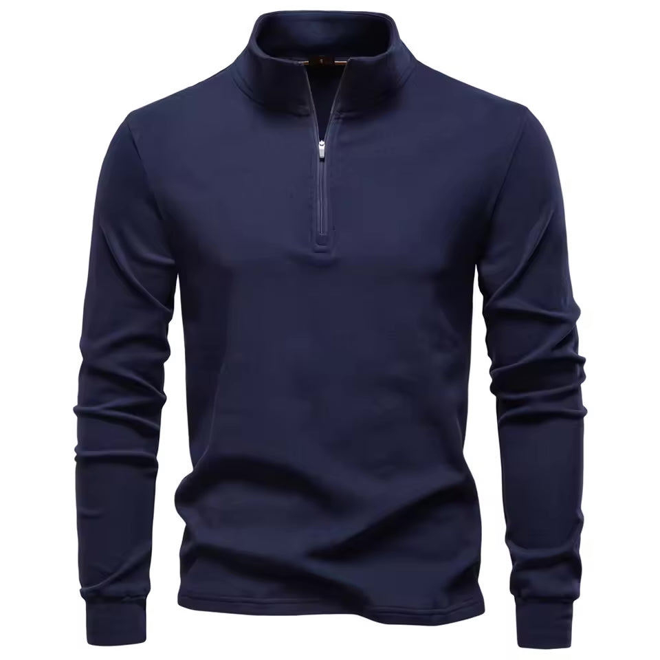 Navy blue quarter-zip sweater in a smooth, brushed matte finish with a structured funnel collar and straight fit.