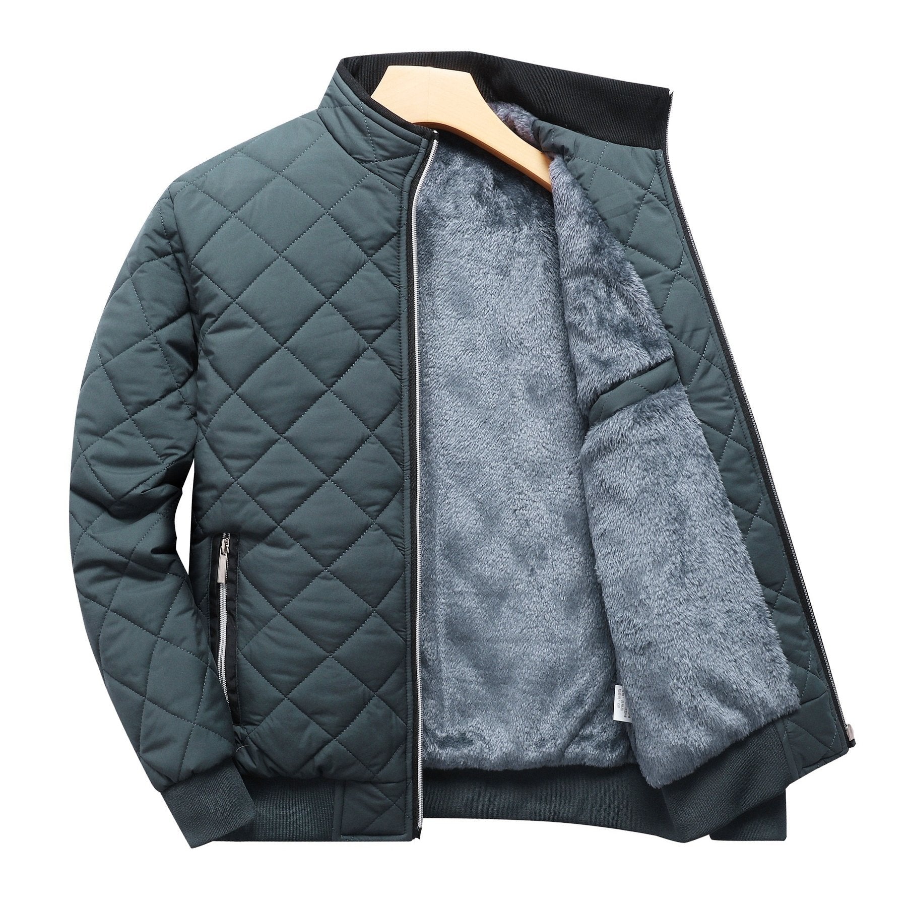 Dark green diamond-quilted zip-up jacket with a ribbed stand collar and soft, plush grey faux-fur lining.