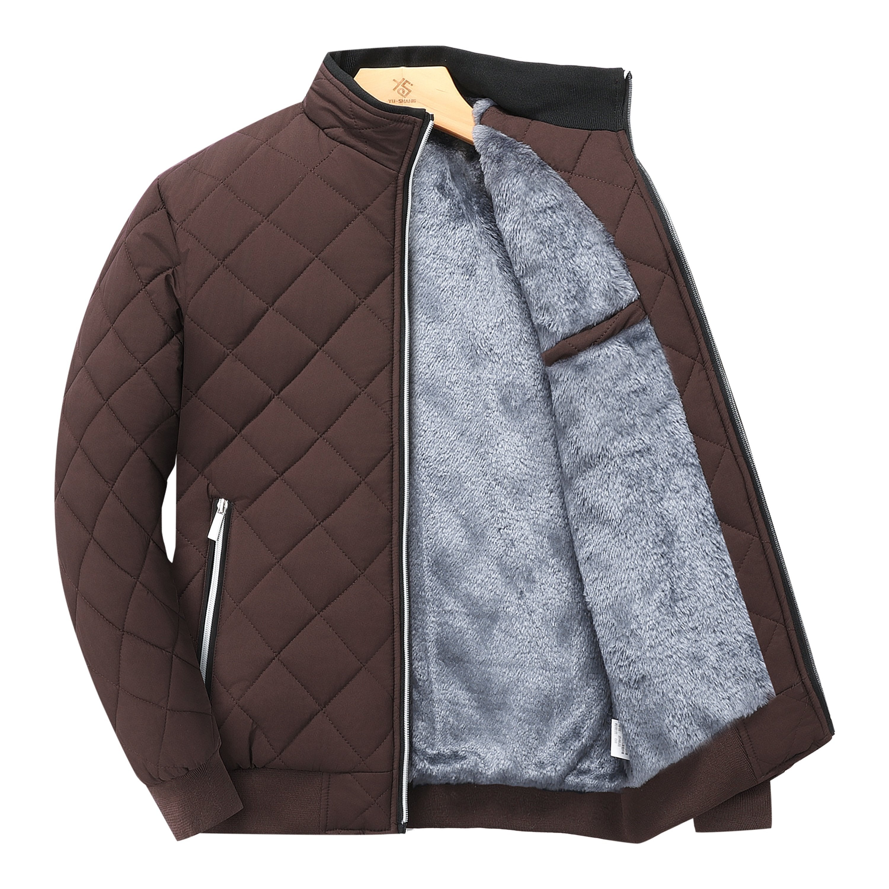 Brown diamond-quilted zip-up jacket with a ribbed stand collar and soft grey faux-fur lining in a relaxed fit.