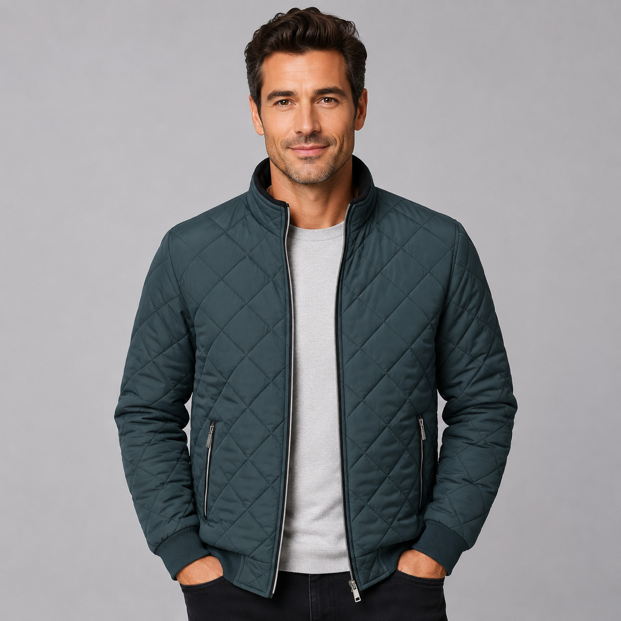 Dark teal diamond-quilted zip-up jacket with a ribbed stand collar and relaxed fit worn over a grey sweater.