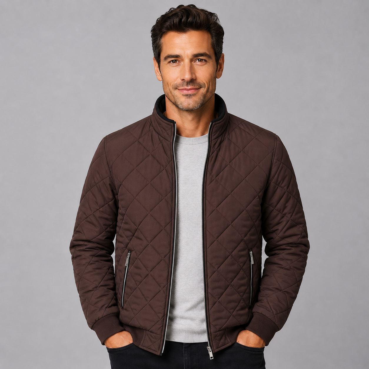 Dark brown diamond-quilted zip-up jacket with a ribbed stand collar and relaxed fit worn over a grey sweater.