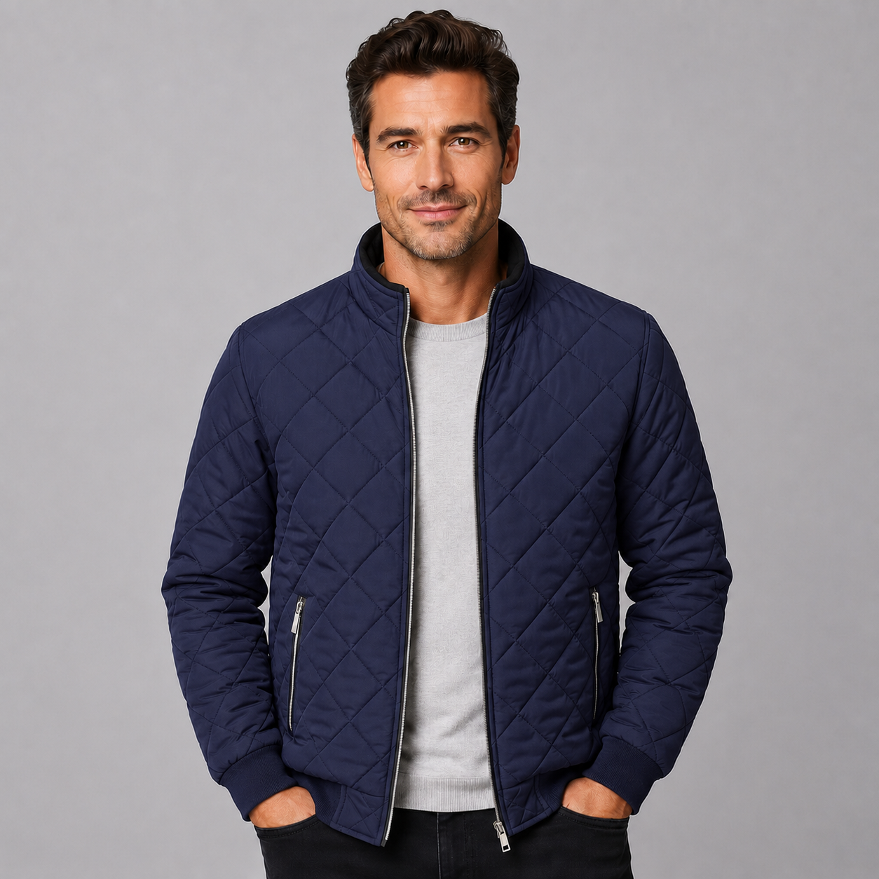 Navy blue diamond-quilted zip-up jacket with a ribbed stand collar and relaxed fit worn over a grey sweater.