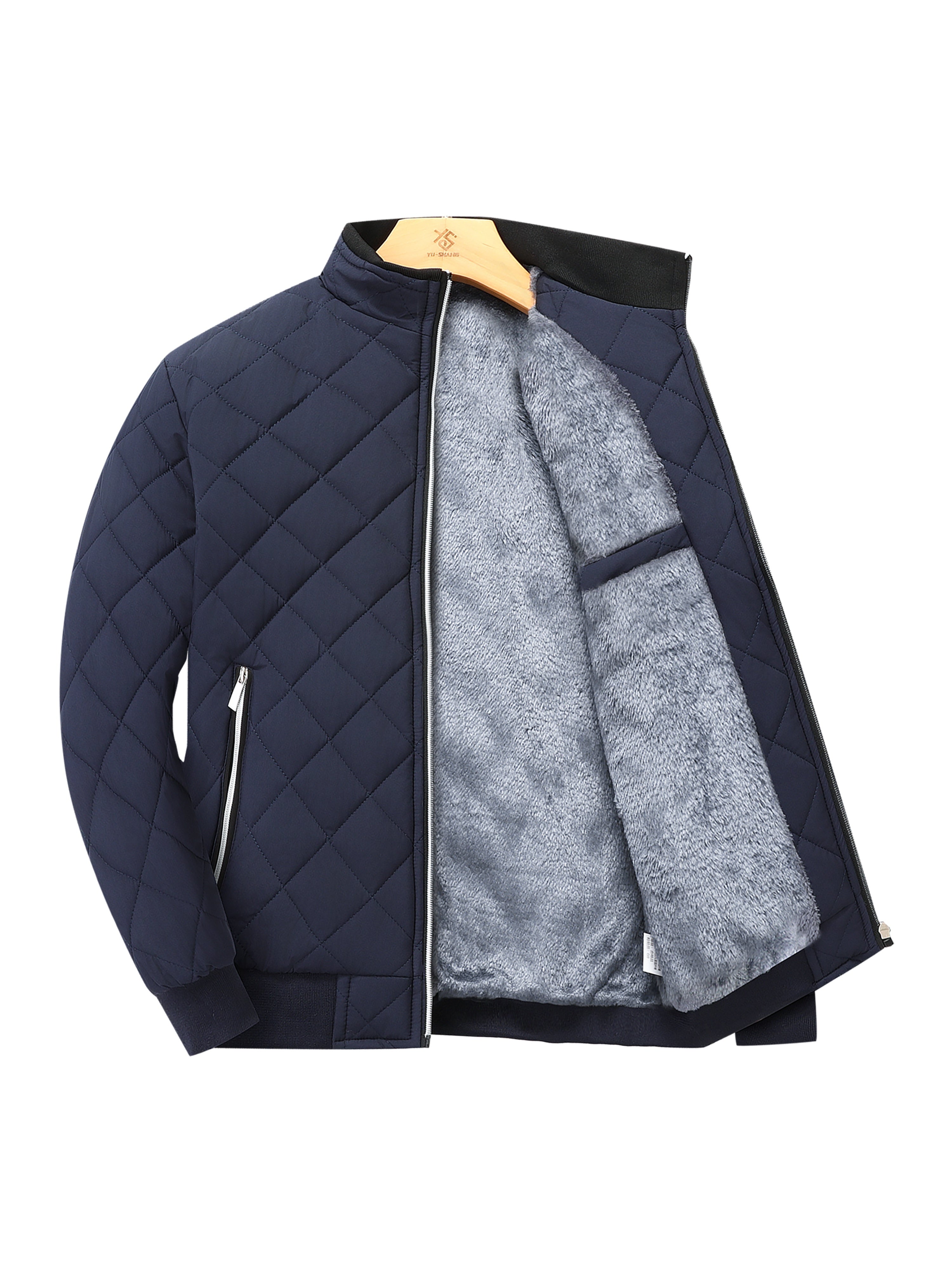 Navy diamond-quilted zip-up jacket featuring a ribbed stand collar and plush grey faux-fur lining.