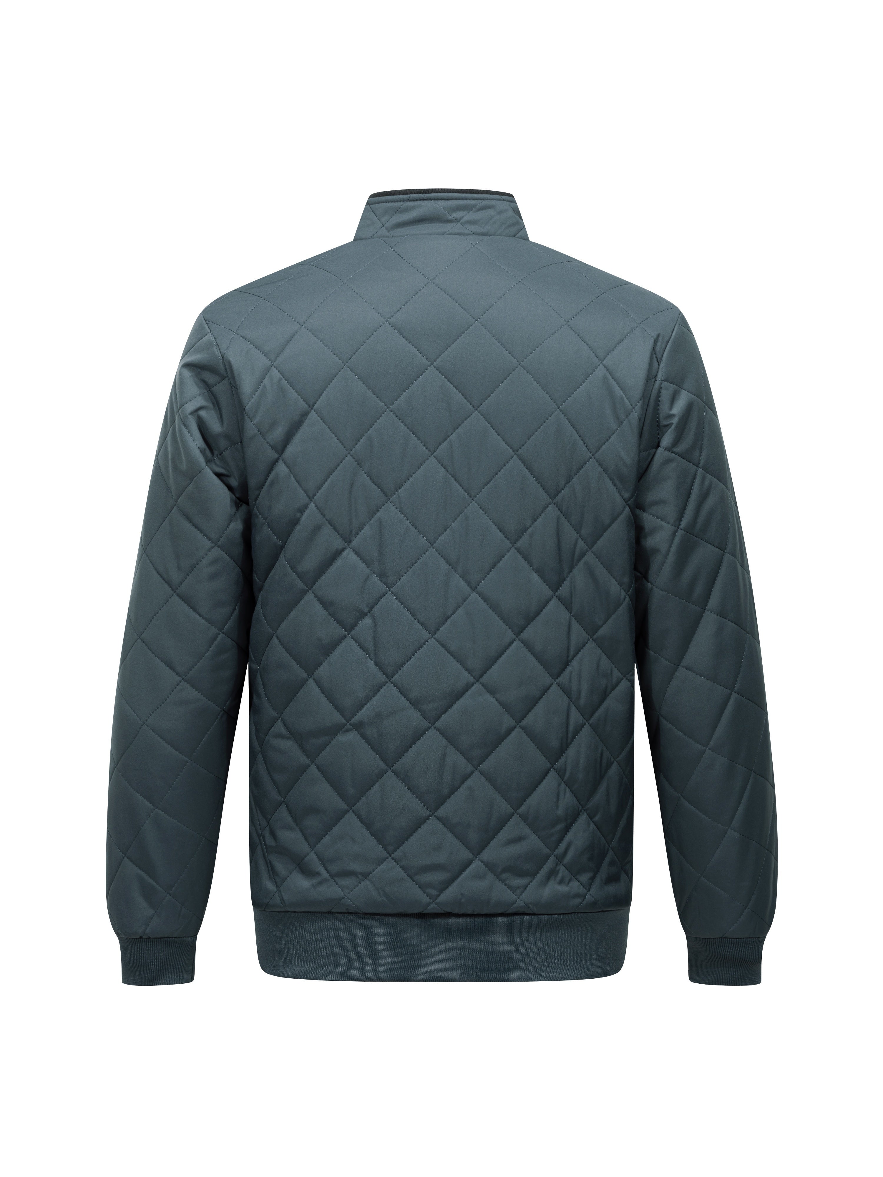 Dark grey diamond-quilted zip-up jacket with a ribbed stand collar and hem in a relaxed, lightweight fit.