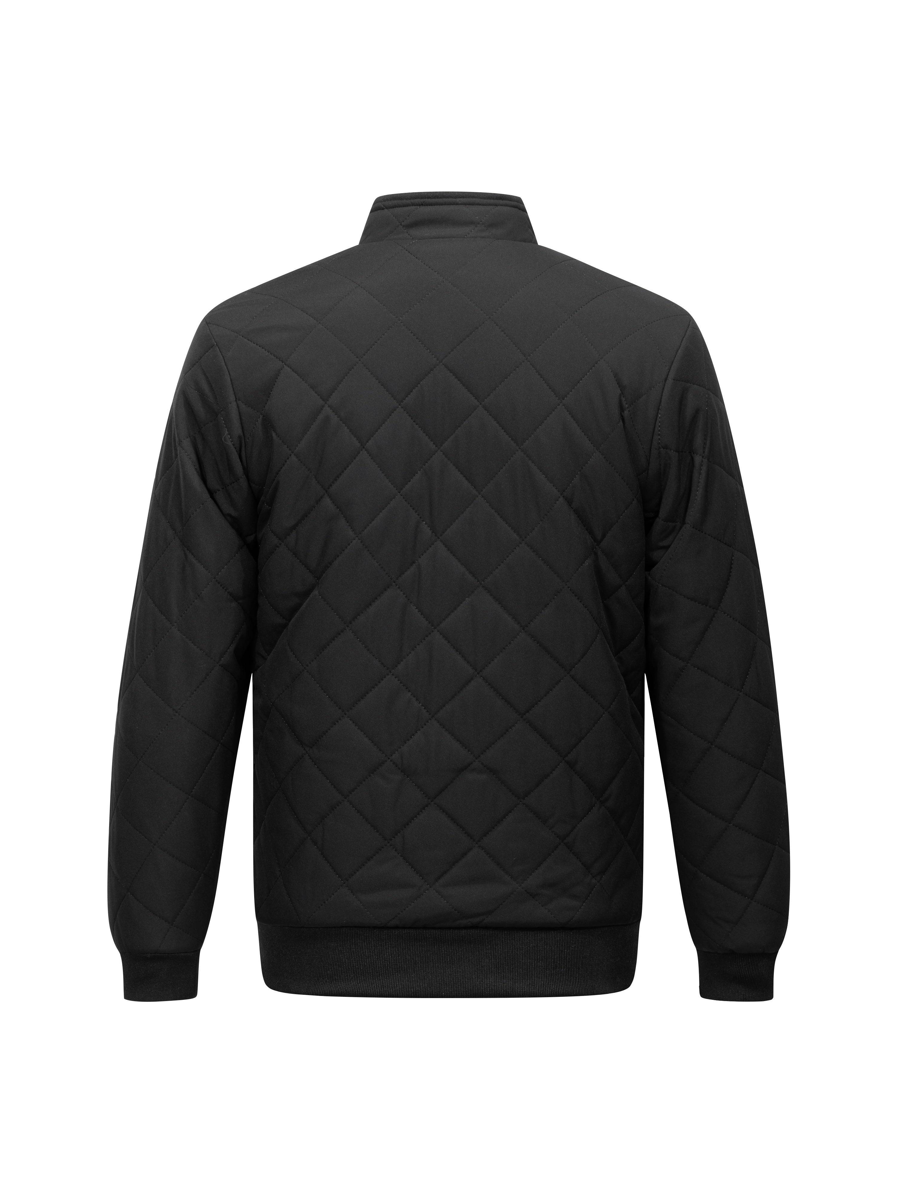 Black diamond-quilted zip-up jacket with a ribbed stand collar and hem in a relaxed, lightweight fit.