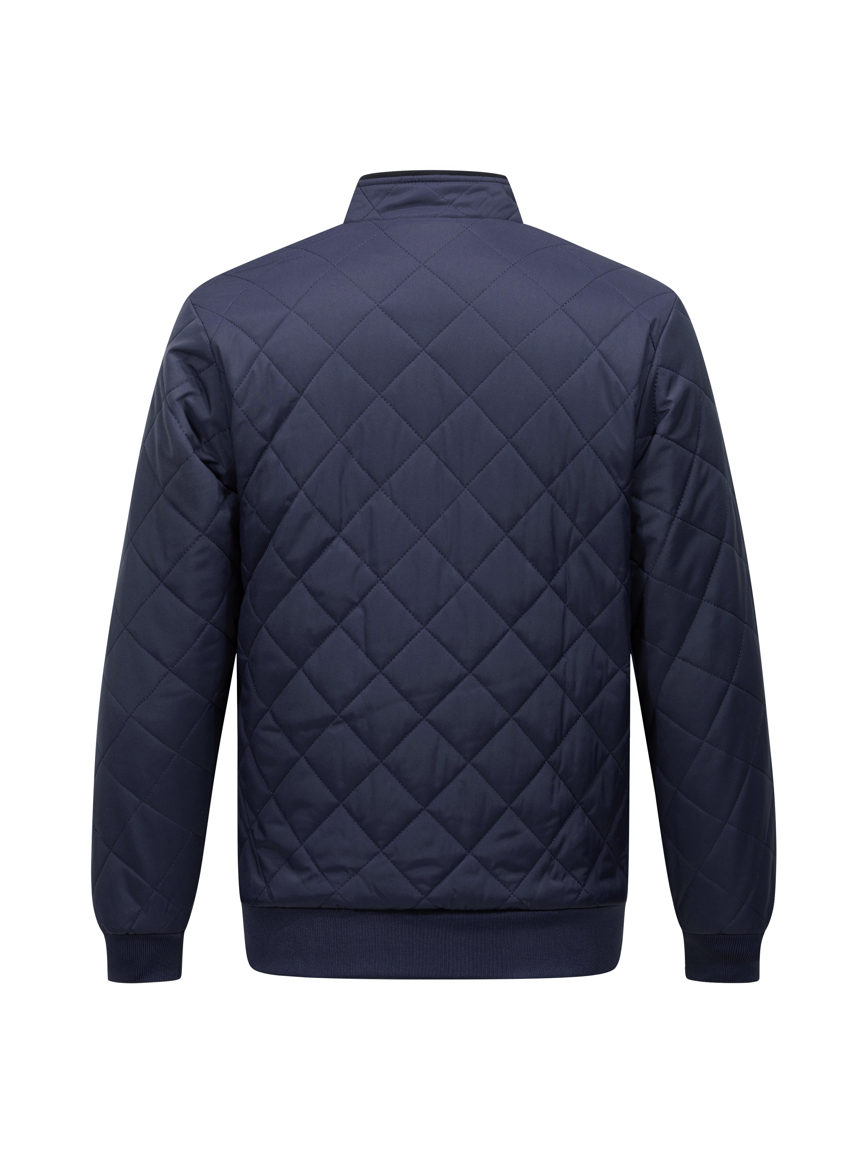 Navy blue diamond-quilted zip-up jacket with a ribbed stand collar and cuffs in a relaxed, insulated fit.