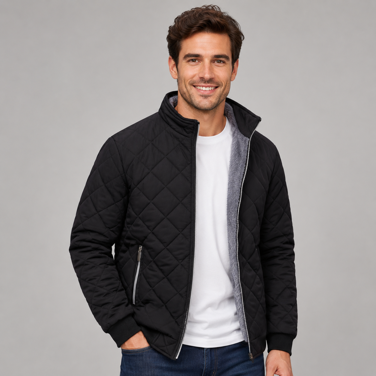 Black diamond-quilted zip-up jacket with a ribbed stand collar, plush grey lining, and relaxed fit worn over a white tee.