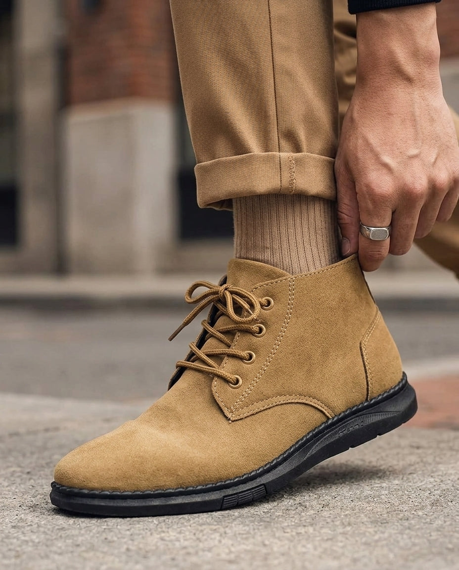 Tan suede chukka boots with a plain toe, lace-up front, and black moc-stitched sole, worn with cuffed chinos.
