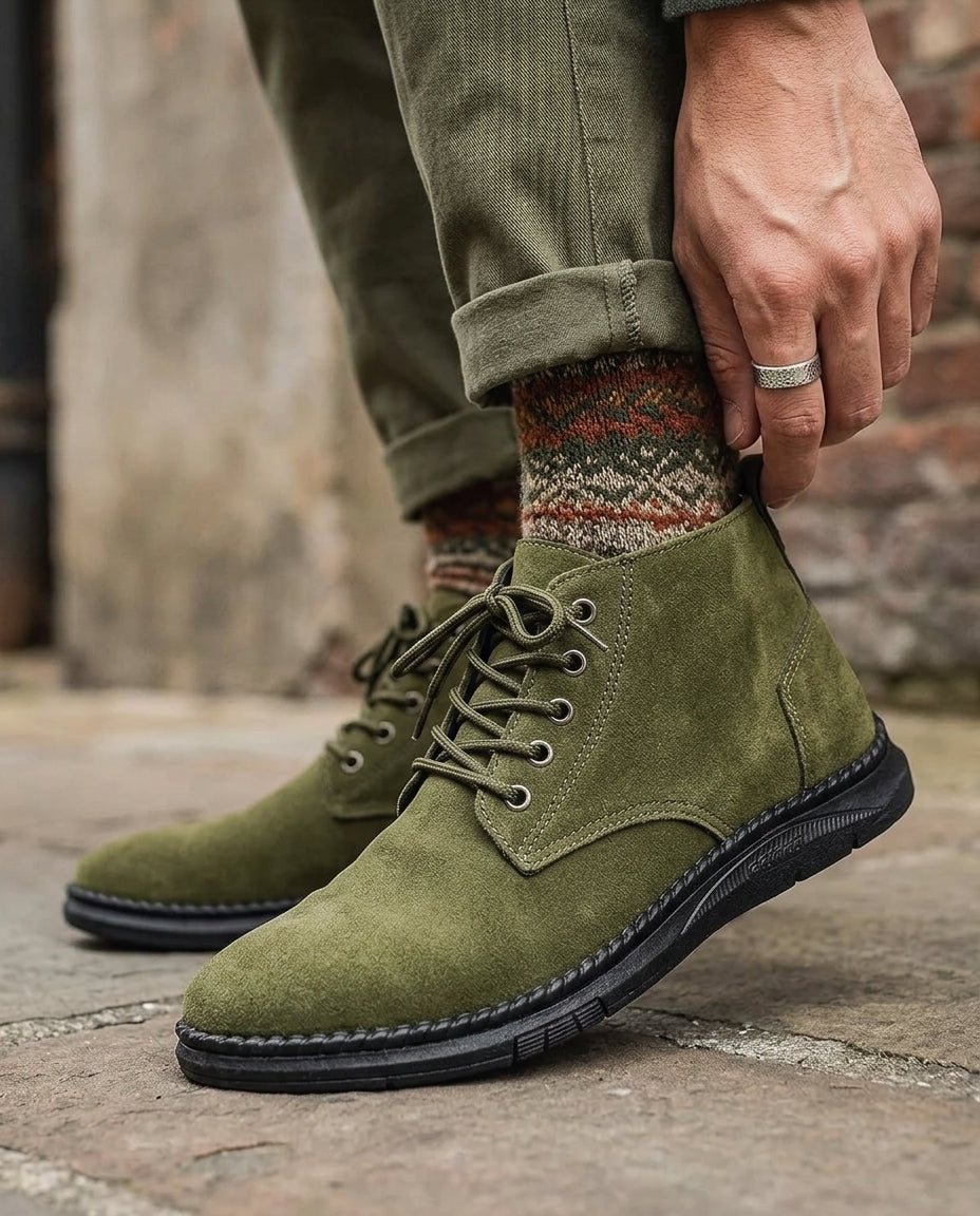 Olive green suede chukka boots featuring a plain toe, lace-up front, and a black molded sole with a visible moc stitched edge.