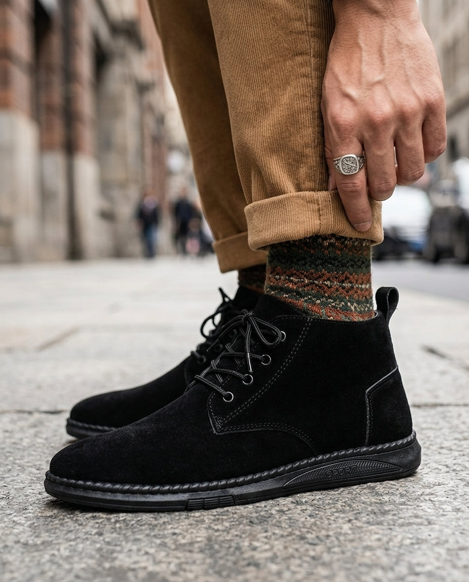 Black suede chukka boots with a lace-up front, moc-stitched sole, and heel pull tab worn with cuffed chinos.