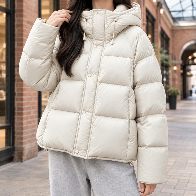 Oversized cream puffer jacket with wide box quilting, snap-over zip front, and adjustable drawstring hood.