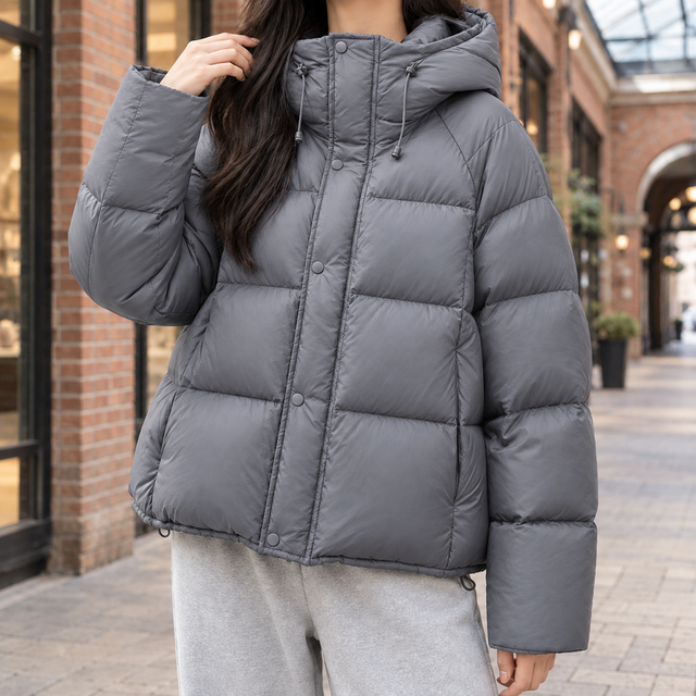 Charcoal gray oversized puffer jacket with wide box quilting, padded hood, snap-over zip front, and adjustable drawcord hem.