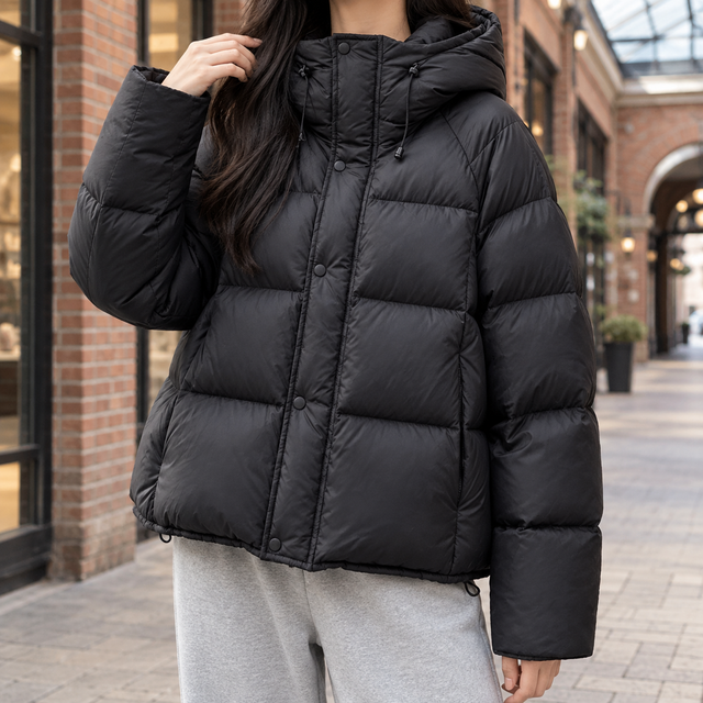 Black oversized puffer jacket with wide box quilting, padded hood, and snap-over zip front in a soft-sheen finish.