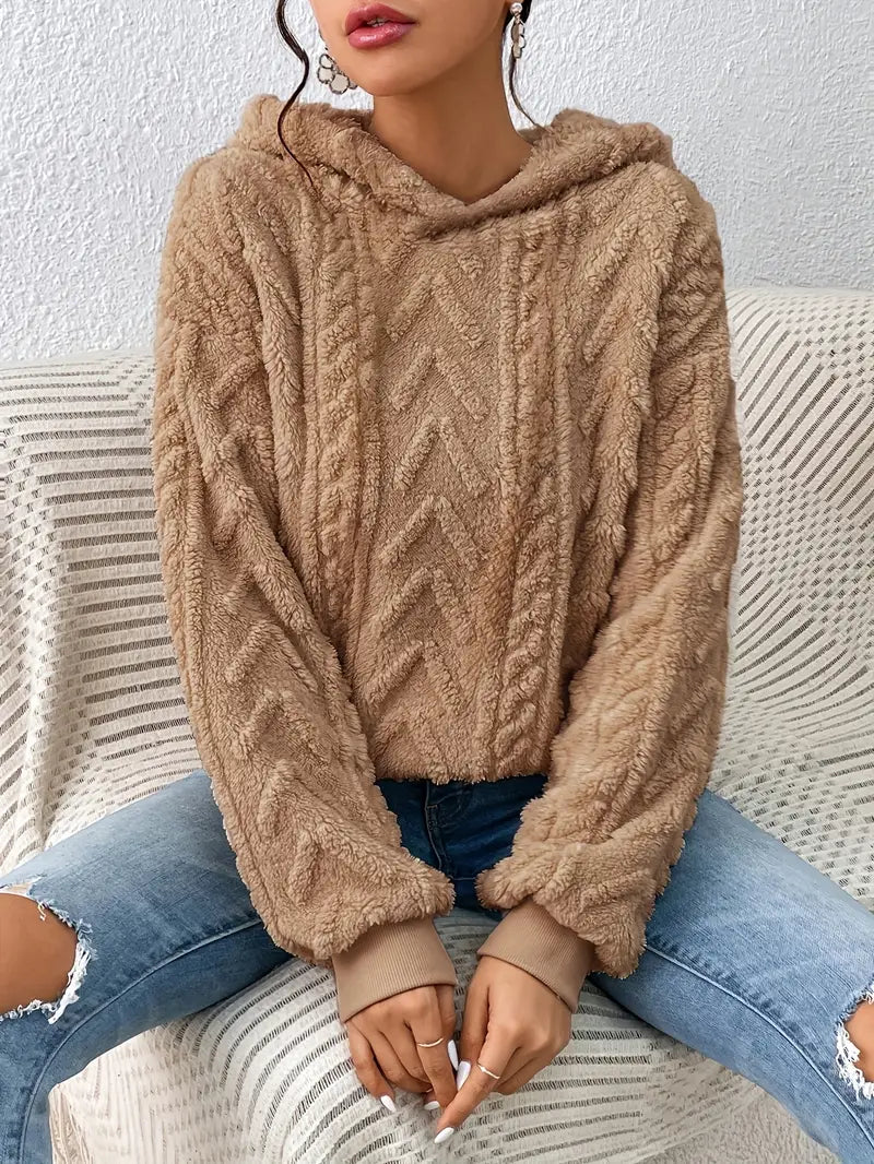 Oversized Plush Fleece Hoodie – Beige hoodie worn by a female model with raised chevron cable pattern