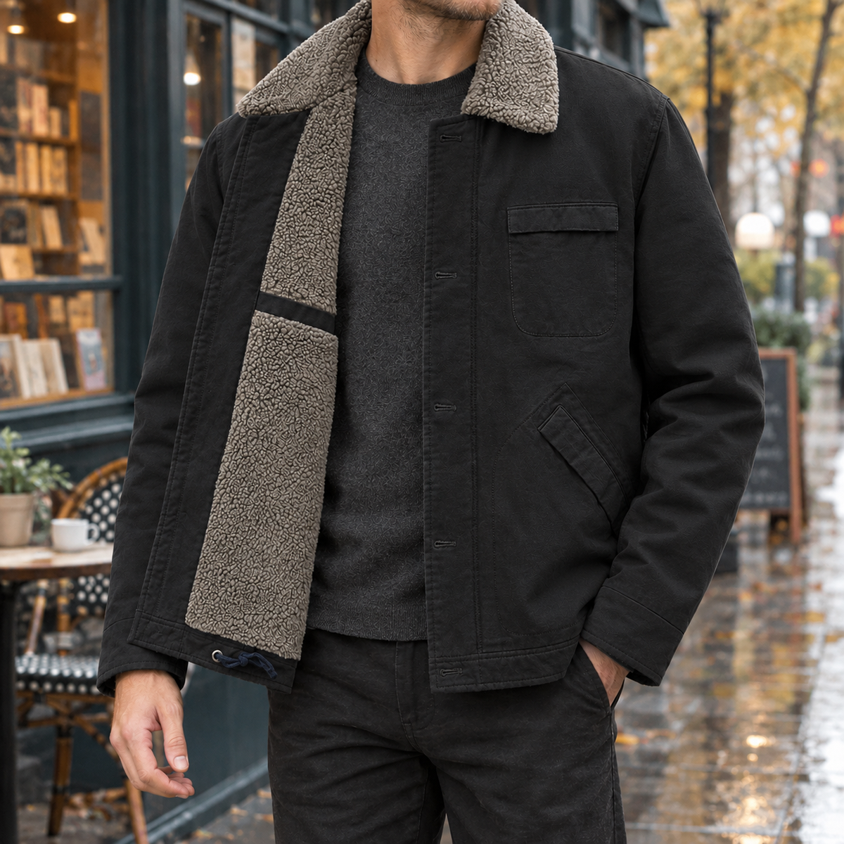 Model wearing an open black pile-lined utility jacket outdoors, featuring a beige pile fleece lining, matching collar, and single-breasted button front.