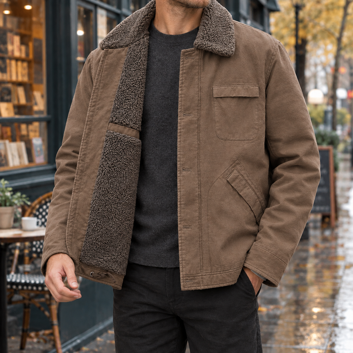 Model wearing the open brown pile-lined utility jacket standing on an urban street with dark fleece lining visible.