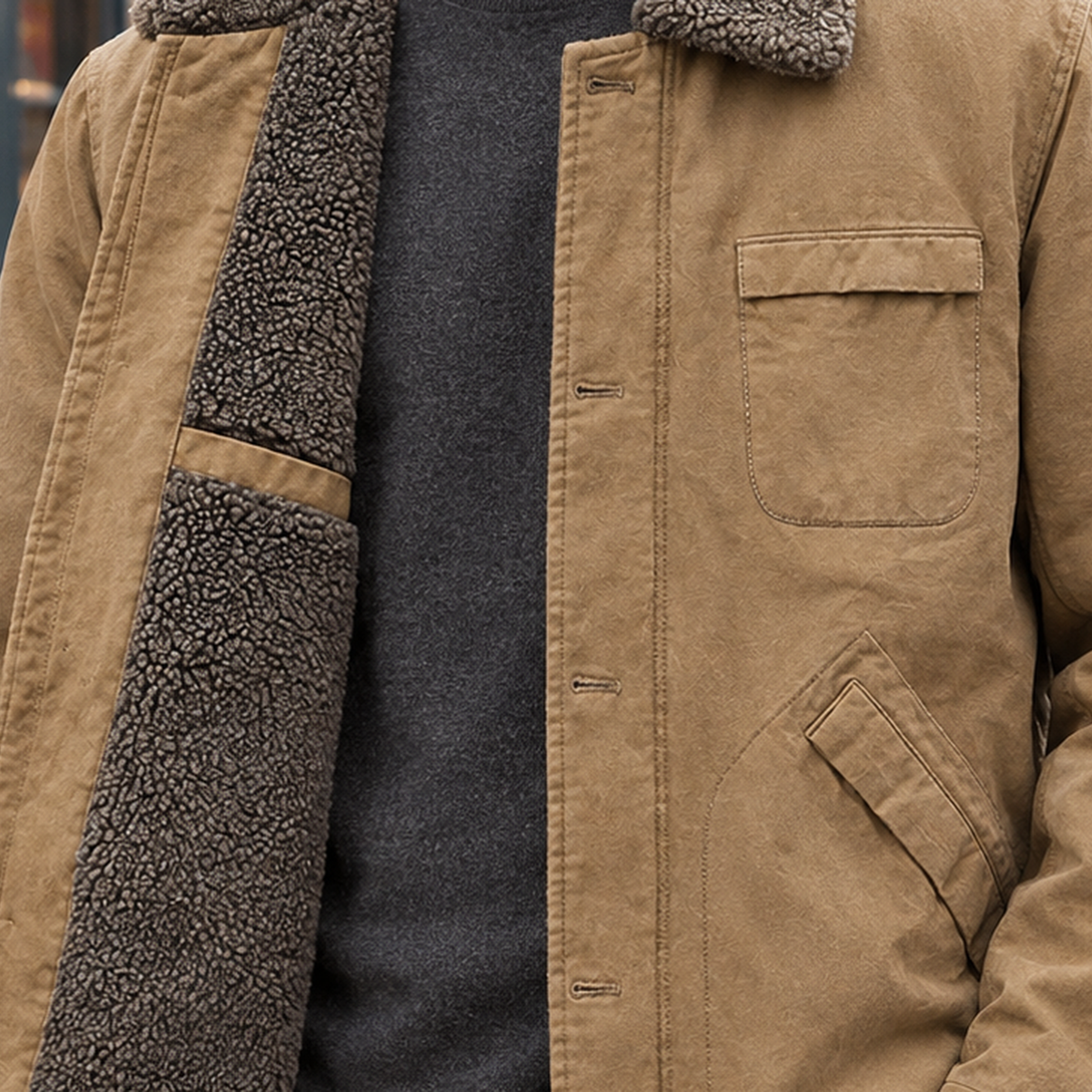 Close-up view of the upper torso of the khaki pile-lined utility jacket, showing the fleece collar, dark pile lining, and chest patch pocket detail.