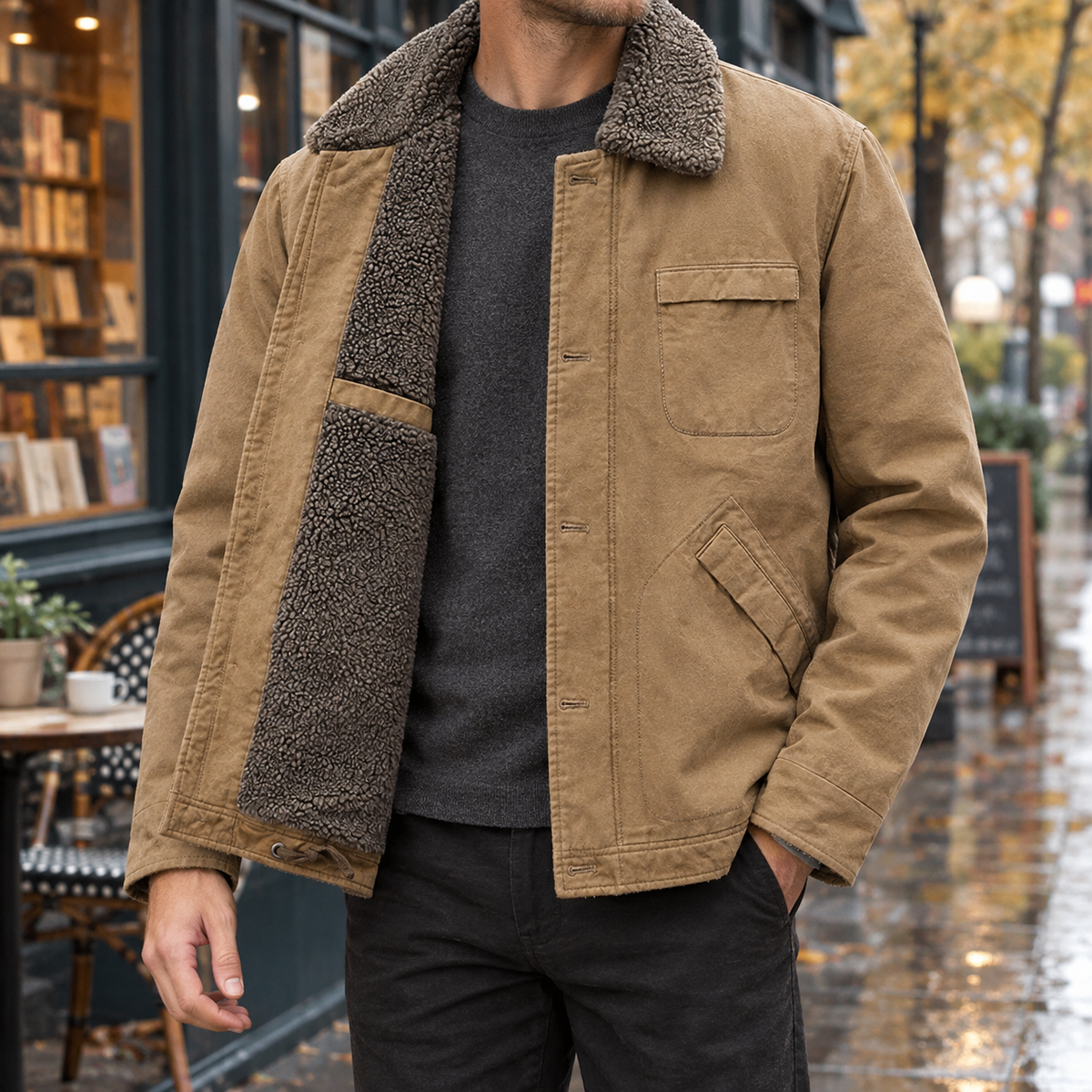 Model wearing an open khaki canvas pile-lined utility jacket outdoors, showing the dark gray sherpa collar, thick pile fleece lining, patch chest pocket, and side hand pockets over a charcoal sweater.