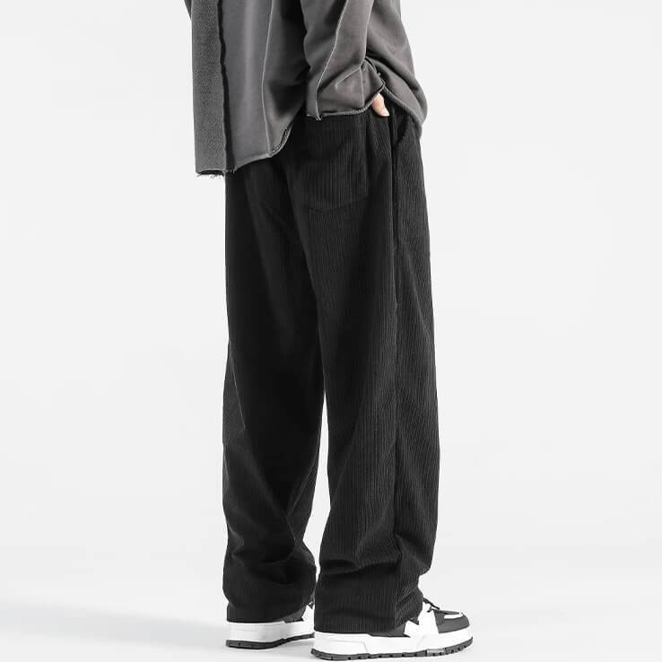 Black corduroy pants shown from the back with straight-leg fit