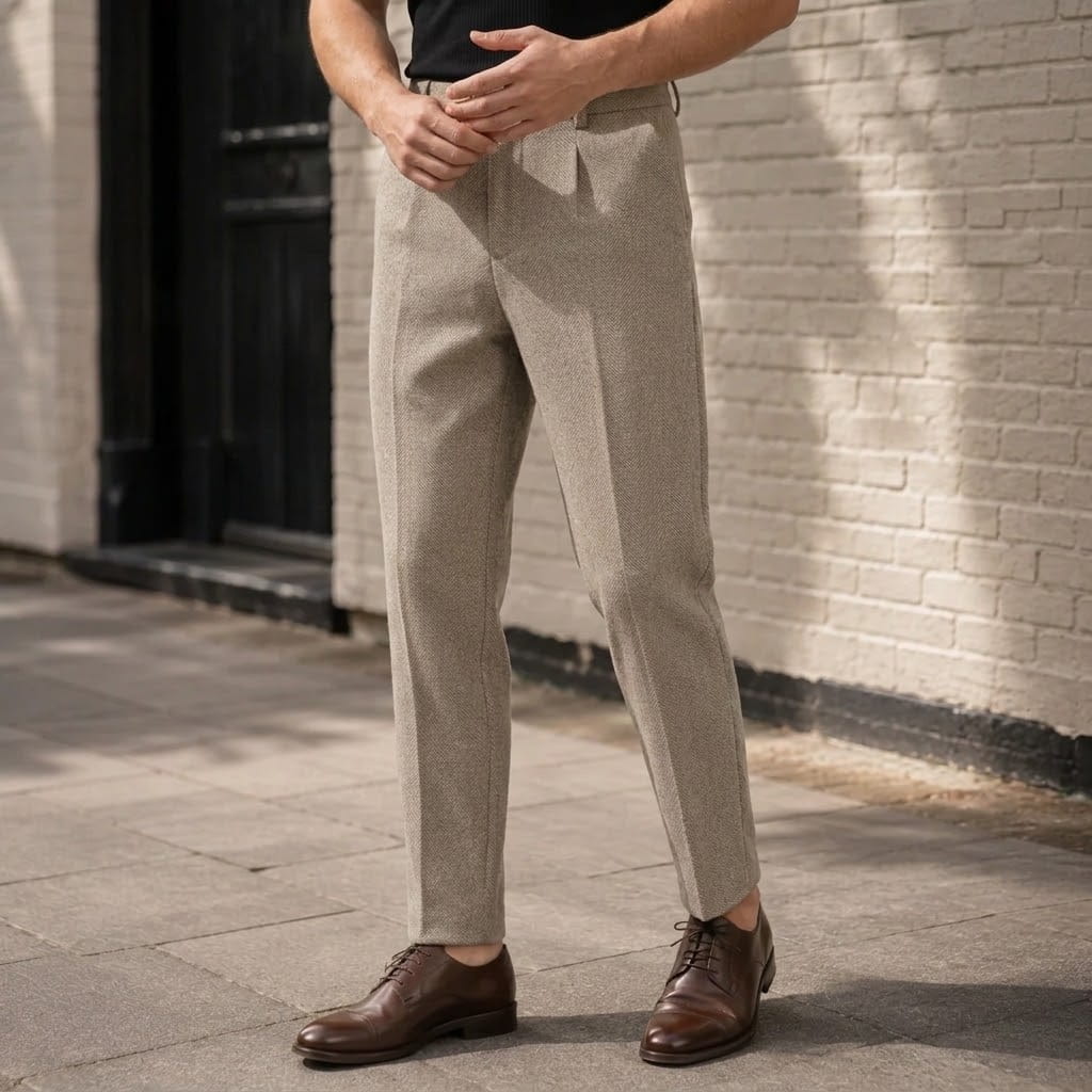 Full-length angled shot of a man wearing light beige pleated herringbone wool trousers and brown leather dress shoes standing on a paved city sidewalk.
