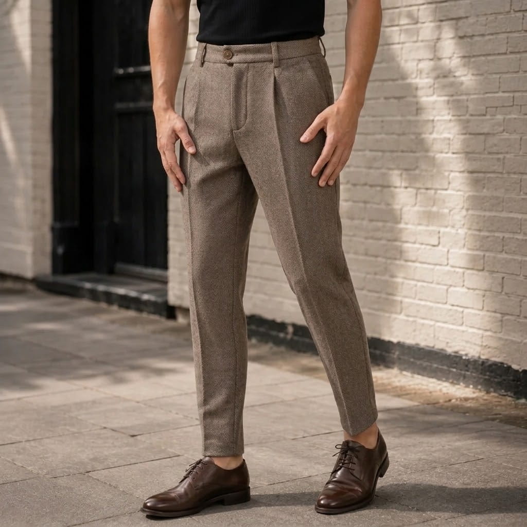 Full-length front view of a man wearing brown pleated herringbone wool trousers with a buttoned waistband extension, styled with a black short-sleeve shirt and dark brown shoes on a paved street.
