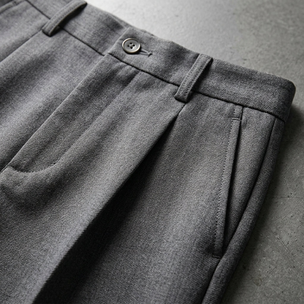 Gray pleated wool trousers featuring a tailored waistband, side pockets, and a soft, lightweight fabric texture.