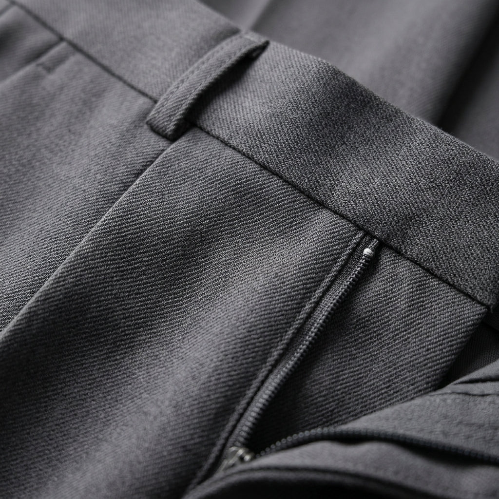Charcoal gray pleated wool trousers featuring a tailored waistband, belt loops, and a smooth, lightweight fabric texture.