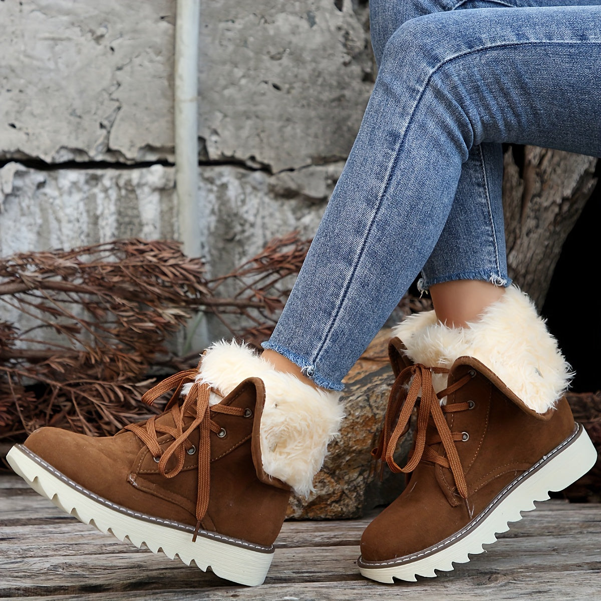 Dark brown suede lace-up boots for women with the collar turned up, showing the full eyelet row