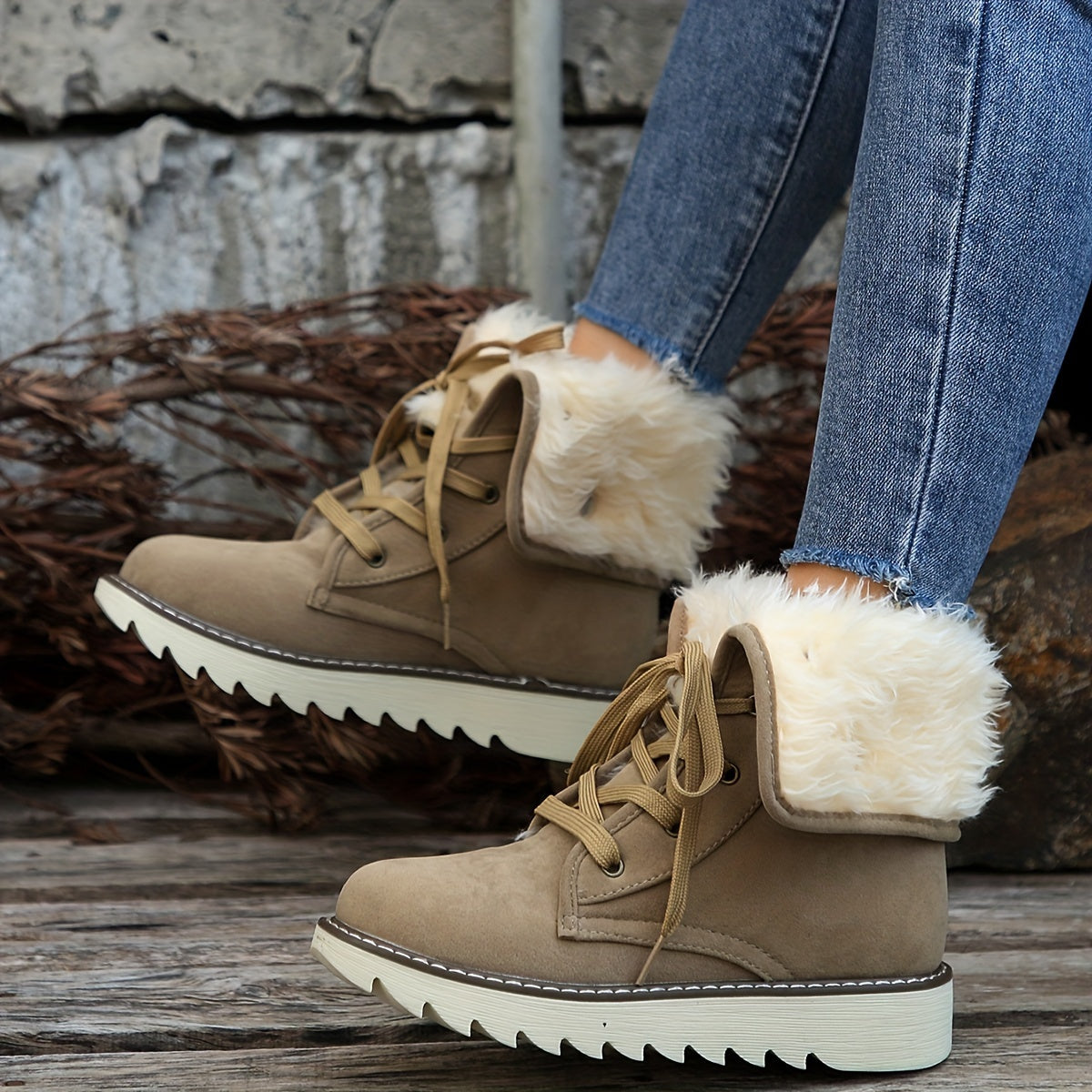 Close-up of taupe vegan suede ankle boots for women showing the shaggy folded collar and lug tread