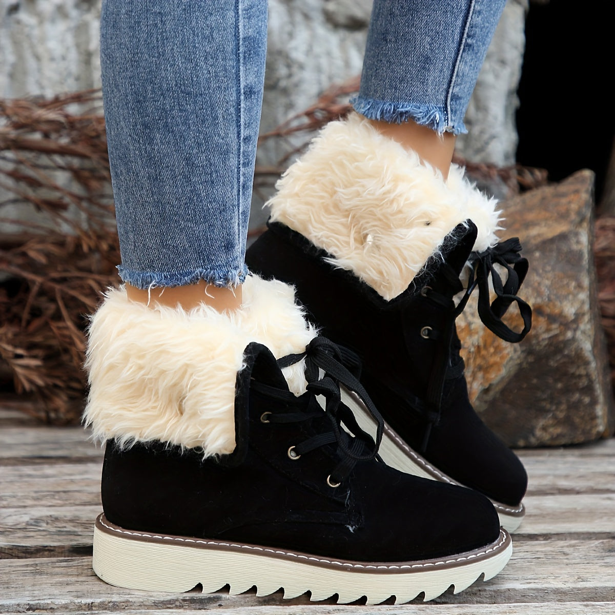 Black vegan suede lace-up ankle boots for women with cream plush collar and white lug sole
