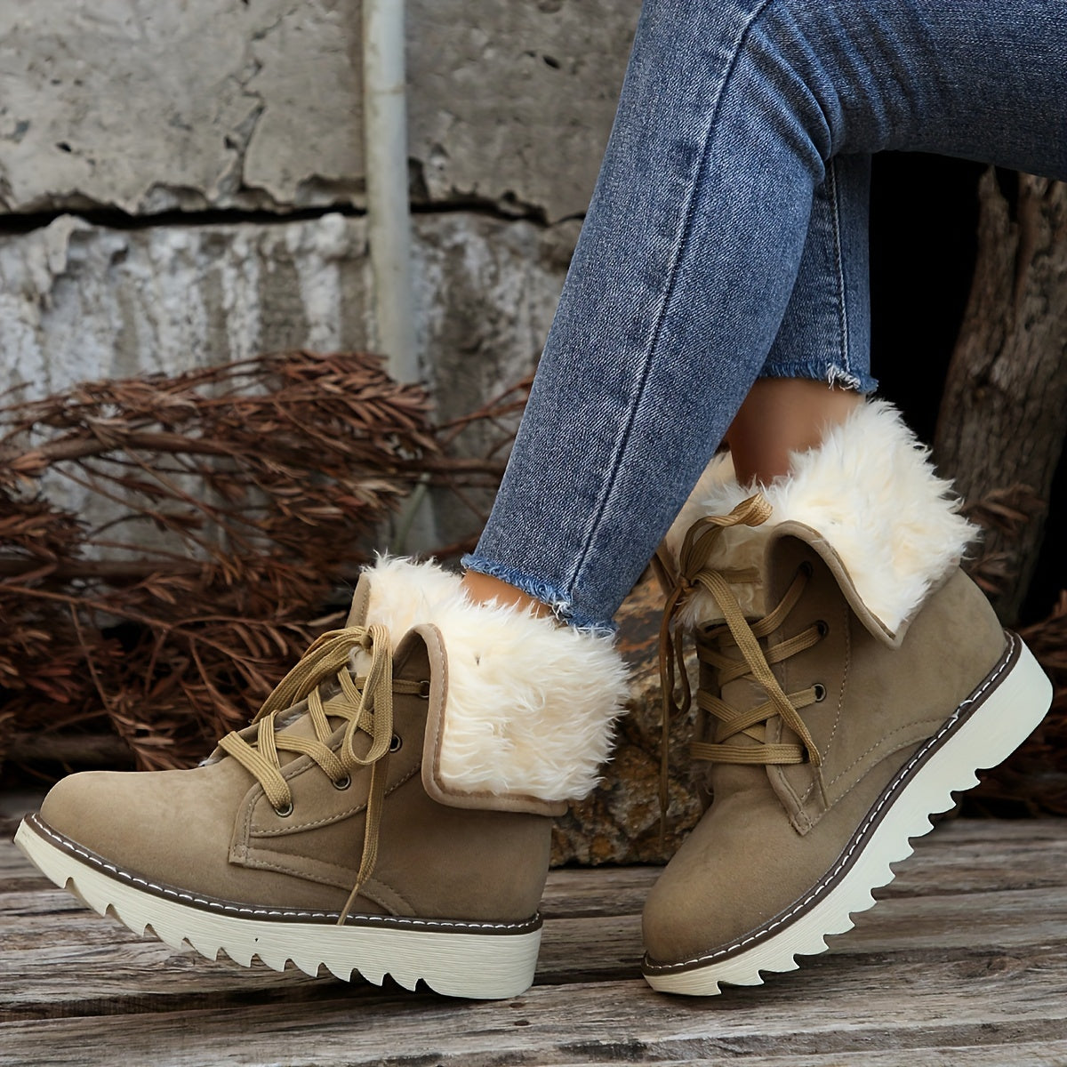 Taupe suede lace-up boots for women with the plush collar turned up, showing the full lace-up front