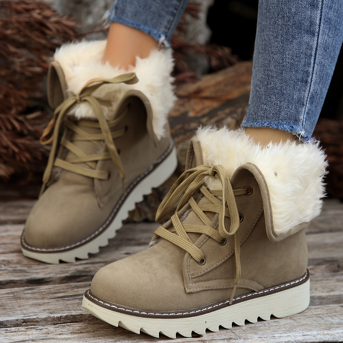Taupe vegan suede lace-up ankle boots for women with plush folded collar and lug sole