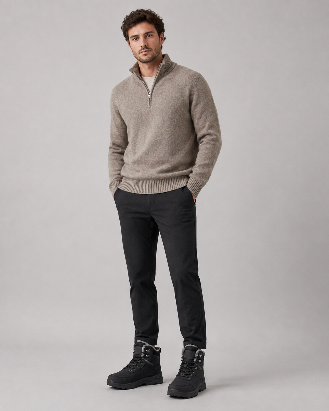 Men’s black lace-up ankle boots with plush-lined collars and rugged lug soles worn with black trousers.