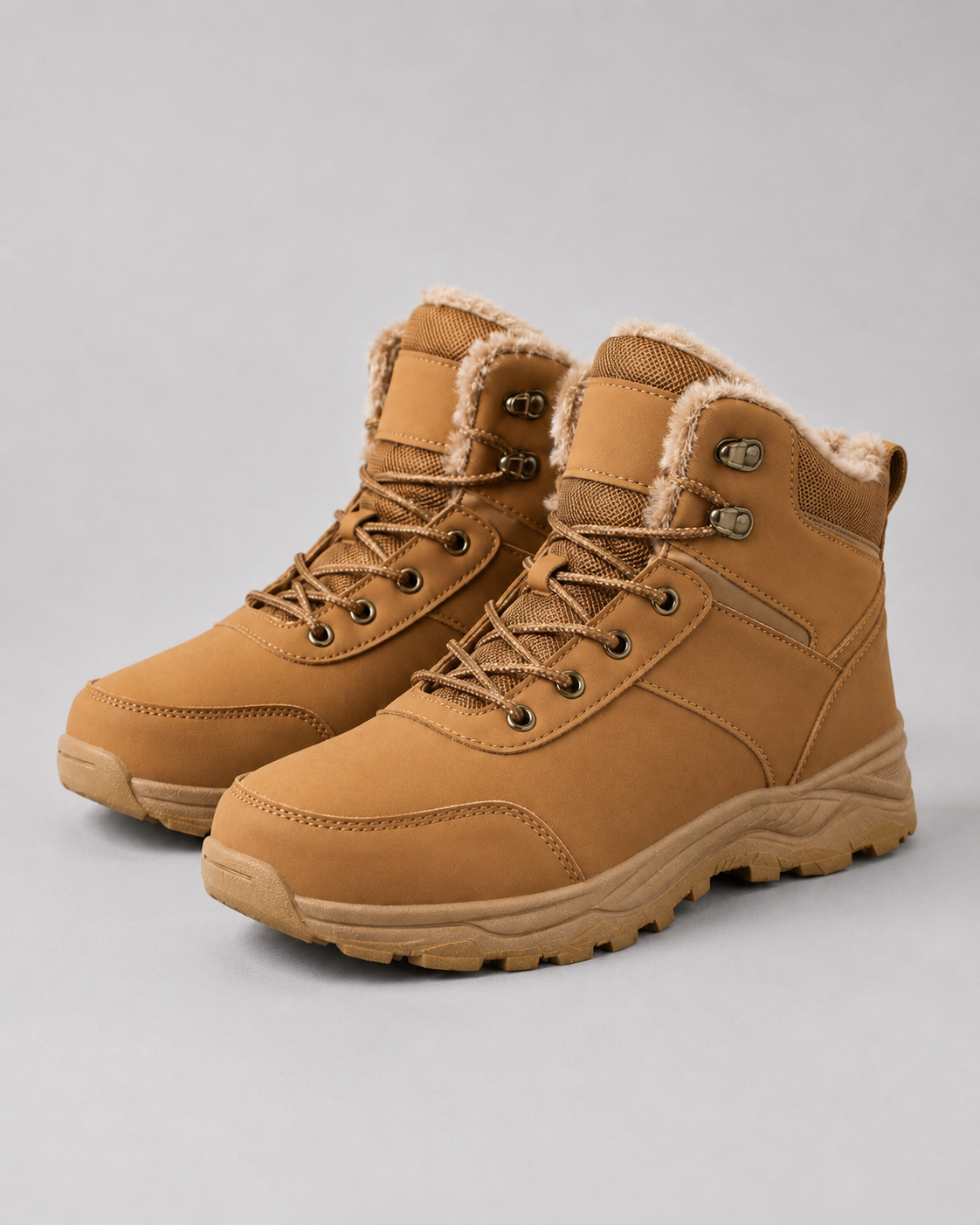 Tan ankle boots with plush-lined collars, rugged lug soles, and metal speed hook lace-up closures.