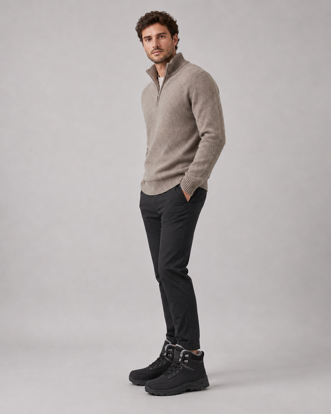 Black lace-up ankle boots with plush-lined collars and rugged lug soles worn with dark trousers.