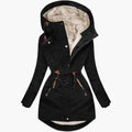 Black Plush-Lined Hooded Parka shown from the front, featuring a plush-lined hood, drawstring waist, full-zip front, and contrast-tab zip pockets.