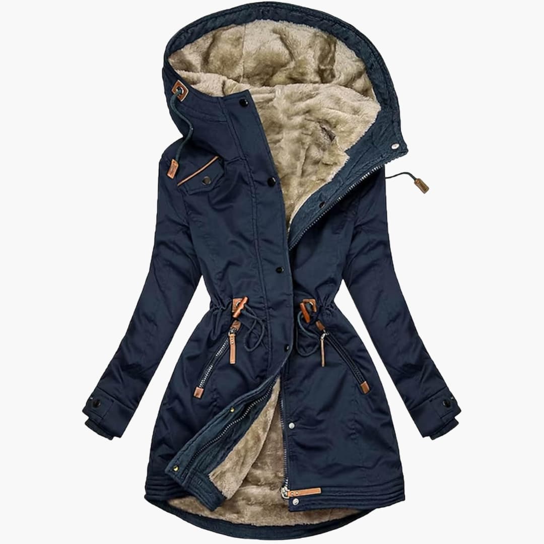 Navy Plush-Lined Hooded Parka shown from the front, featuring a plush-lined hood, drawstring waist, full-zip front, and contrast-tab zip pockets.