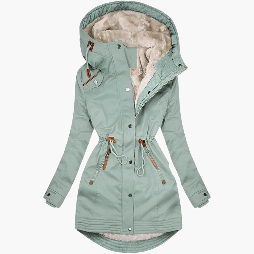 Light mint Plush-Lined Hooded Parka shown from the front, featuring a plush-lined hood, drawstring waist, full-zip front, and contrast-tab zip pockets.