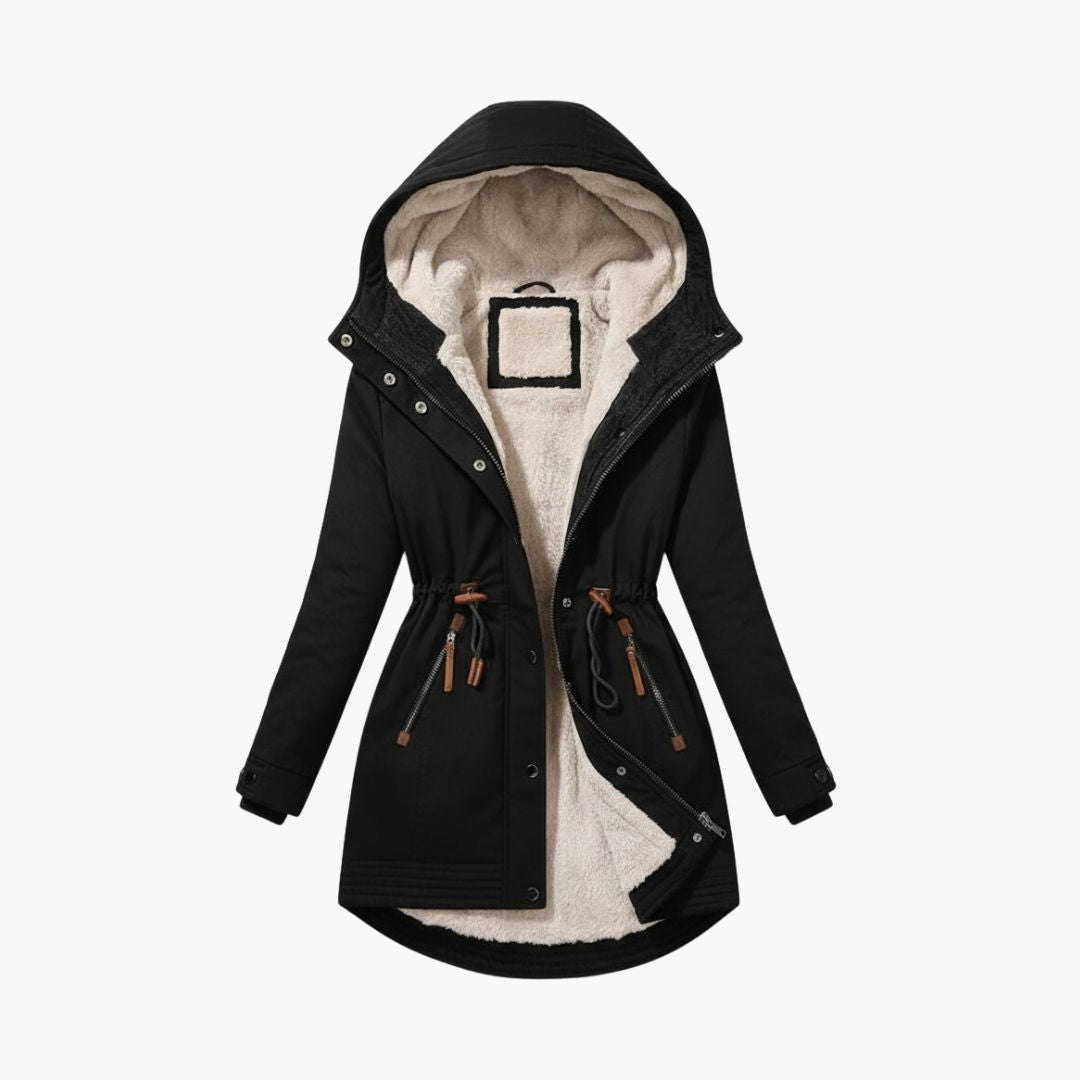 Black Plush-Lined Hooded Parka featuring a soft plush lining, drawstring waist, full-zip front, and contrast-tab zip pockets.