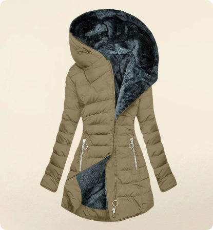 Khaki Plush-Lined Hooded Puffer Coat featuring a plush-lined hood, asymmetric zip front, quilted construction, drawstring waist, and longline cut.