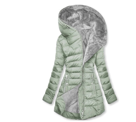 Light green Plush-Lined Hooded Puffer Coat featuring a plush-lined hood, asymmetric zip front, quilted panels, drawstring waist, and longline silhouette.