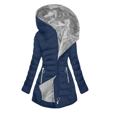Navy Plush-Lined Hooded Puffer Coat featuring a plush-lined hood, asymmetric zip front, quilted construction, drawstring waist, and longline cut.