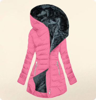 Pink Plush-Lined Hooded Puffer Coat featuring a plush-lined hood, asymmetric zip front, quilted panels, drawstring waist, and longline silhouette.