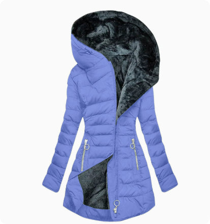 Periwinkle blue Plush-Lined Hooded Puffer Coat featuring a plush-lined hood, asymmetric zip front, quilted construction, drawstring waist, and longline cut.