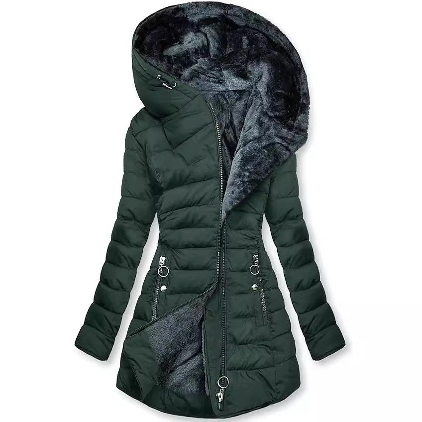 Dark green Plush-Lined Hooded Puffer Coat shown from the front, featuring a fur-lined hood, asymmetric zip front, quilted panels, drawstring waist, and longline silhouette.