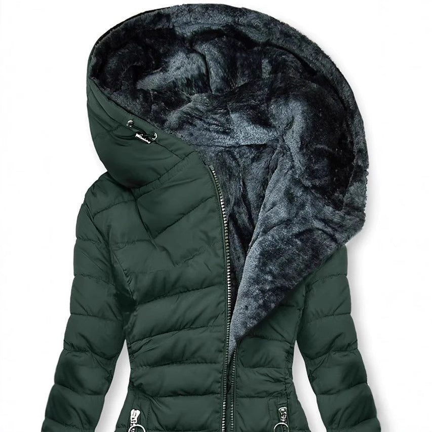 Close-up of the dark green Plush-Lined Hooded Puffer Coat showing the oversized fur-lined hood, quilted construction, and asymmetric front closure.