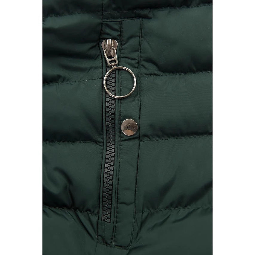 Close-up of the dark green Plush-Lined Hooded Puffer Coat highlighting the front zipper, snap buttons, quilted panels, and hood detail.