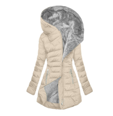 Cream Plush-Lined Hooded Puffer Coat shown from the front, featuring a plush-lined hood, asymmetric zip front, quilted panels, drawstring waist, and longline cut.