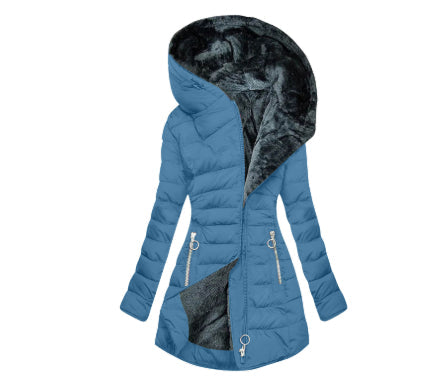 Blue Plush-Lined Hooded Puffer Coat shown from the front, featuring a plush-lined hood, asymmetric zip front, quilted construction, drawstring waist, and longline silhouette.